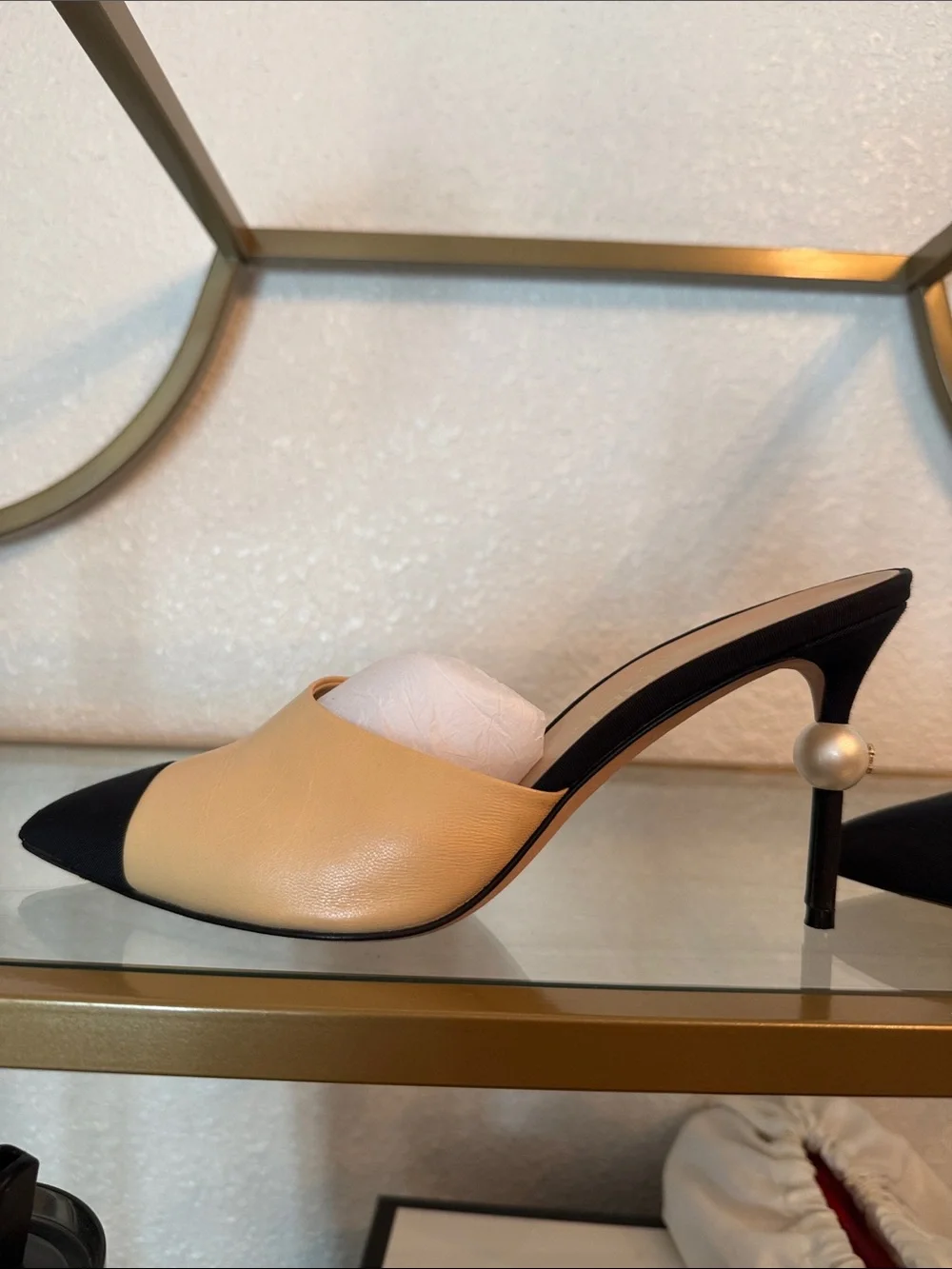 CHANEL Two-Tone Pointed Leather Mule in Beige and Black with Pearl Heel